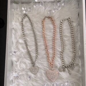 Necklace bundle- 3 rhinestone heart “Cuban link” necklaces